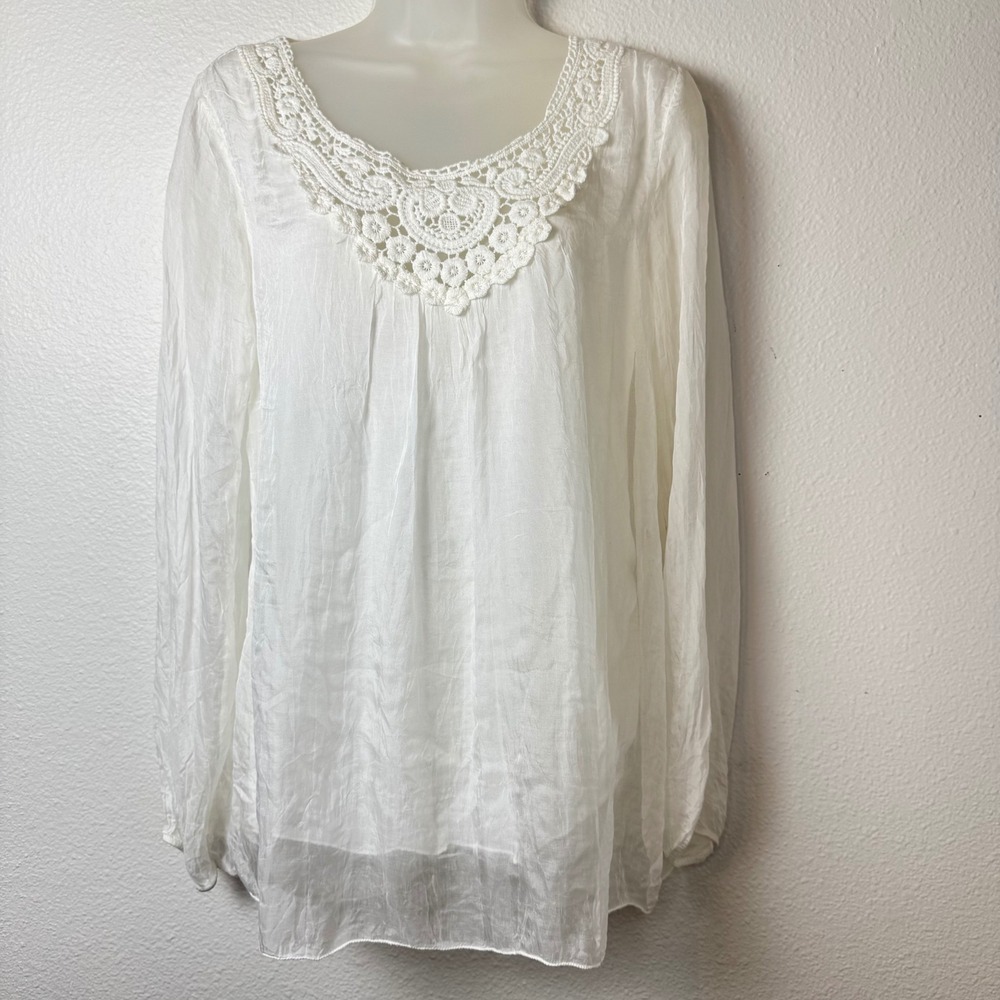 Carla Conti Italy White 100% Silk Crochet Lace Neck Long Sleeve Blouse S  Boho